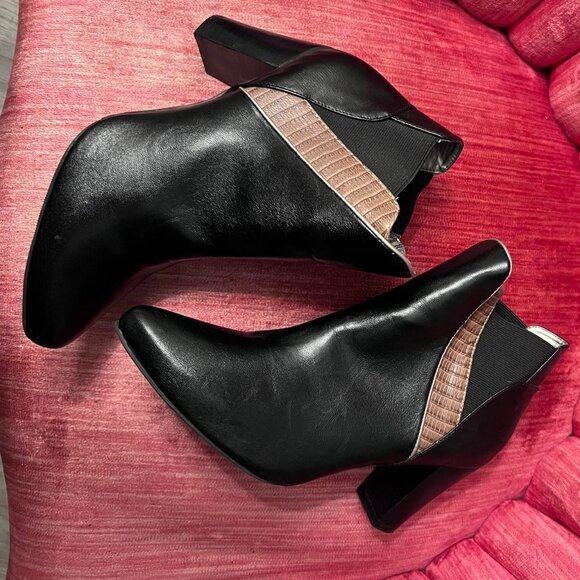 Mark. Black and Brown Ankle Booties Size 8 Vegan Friendly 3" Chunky Heel - Picture 7 of 8